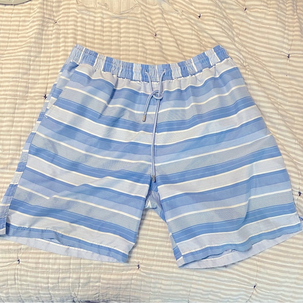 Peter Millar Blue and White Striped Swim Trunks